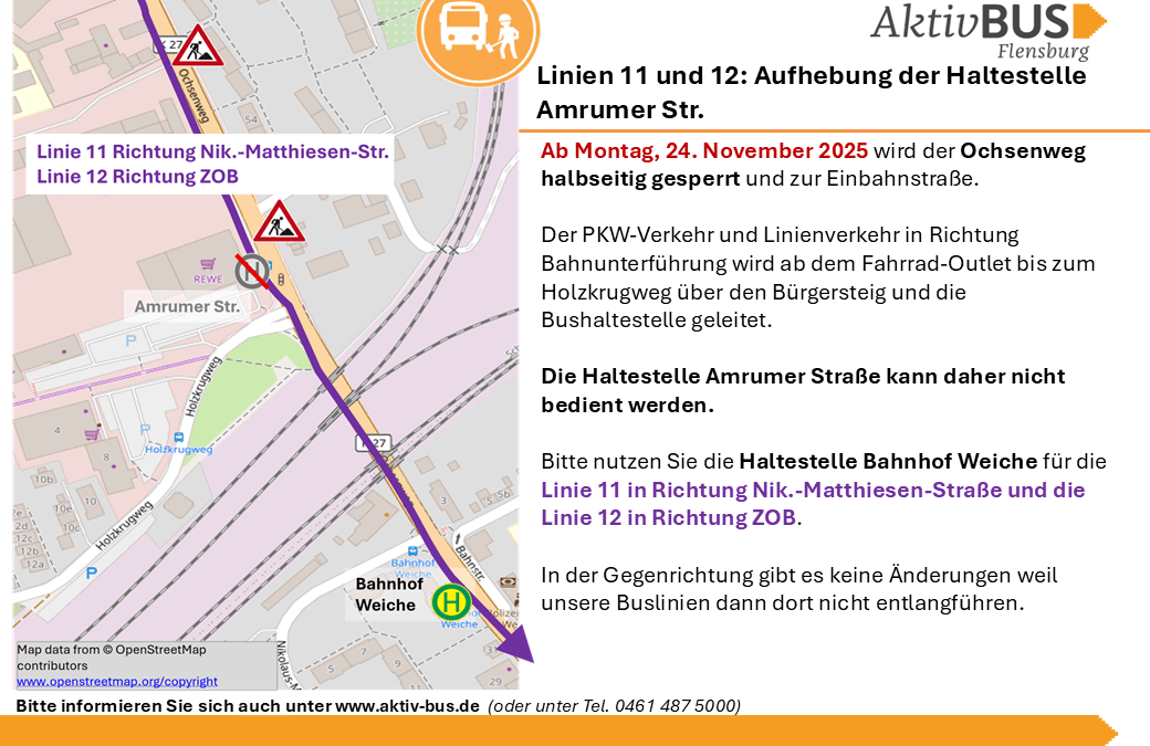 Linien 11 und 12: Aufhebung der Haltestelle Amrumer Str.