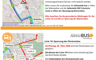 Linien 10, 11, N3, N4: Änderung der Umleitung wegen Sperrung der Marienallee ab 2.3.26