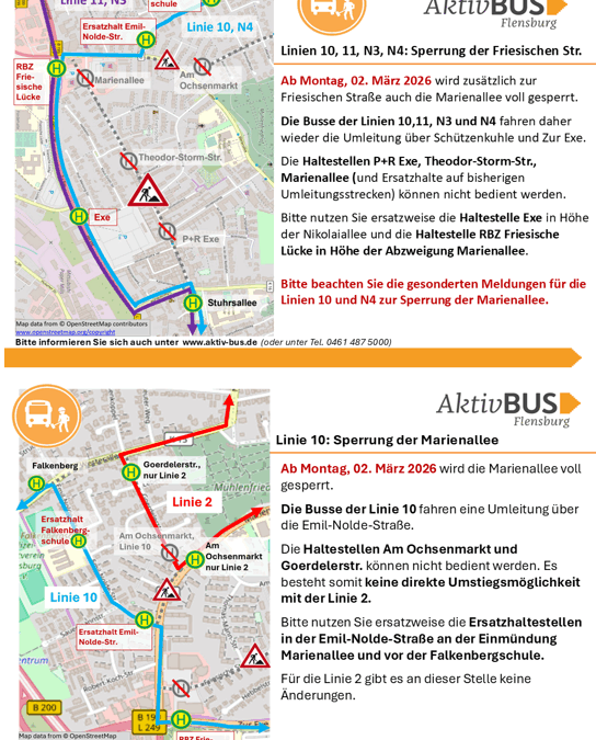 Linien 10, 11, N3, N4: Änderung der Umleitung wegen Sperrung der Marienallee ab 2.3.26