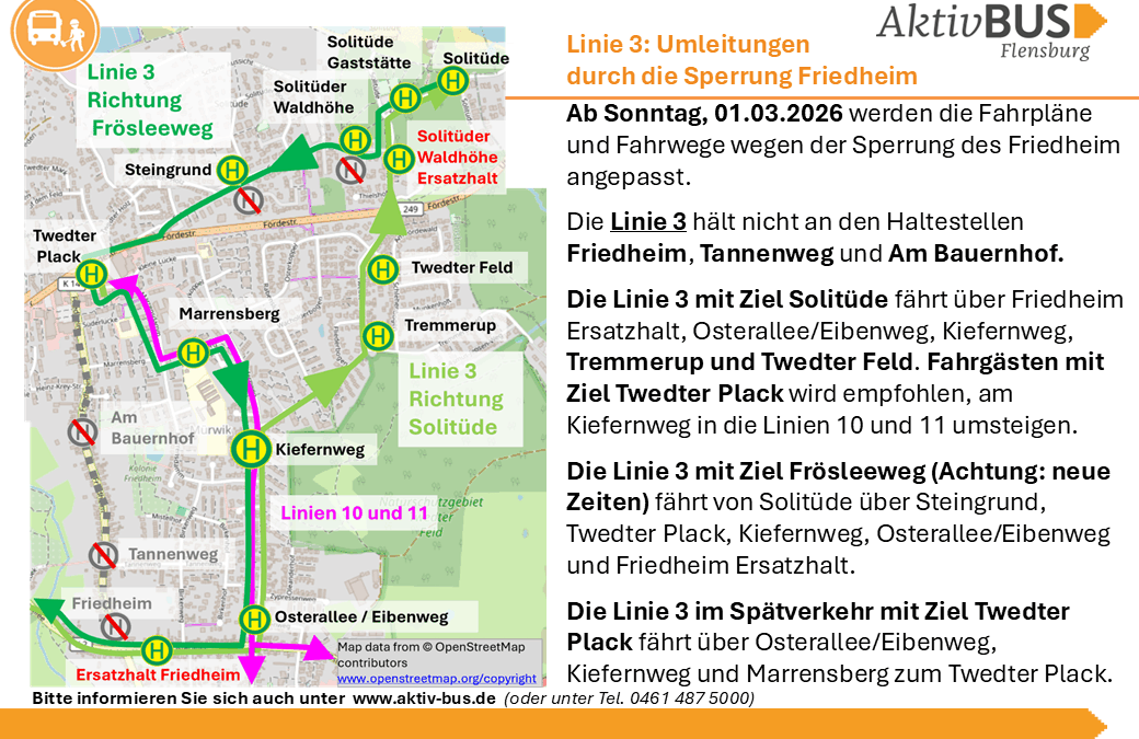 Linien 3, 7, N1: Fahrplanänderungen wegen der Sperrung Friedheim ab 1.3.26