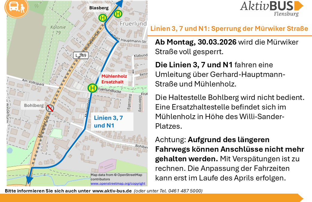 Linien 3, 7, N1: Sperrung der Mürwiker Straße ab 30.03.26