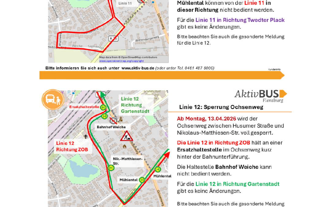 Linien 11 und 12: Sperrung des Ochsenwegs ab 13.04.26