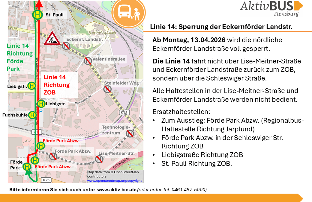 Linie 14: Sperrung der Eckernförder Landstr. ab 13.4.26