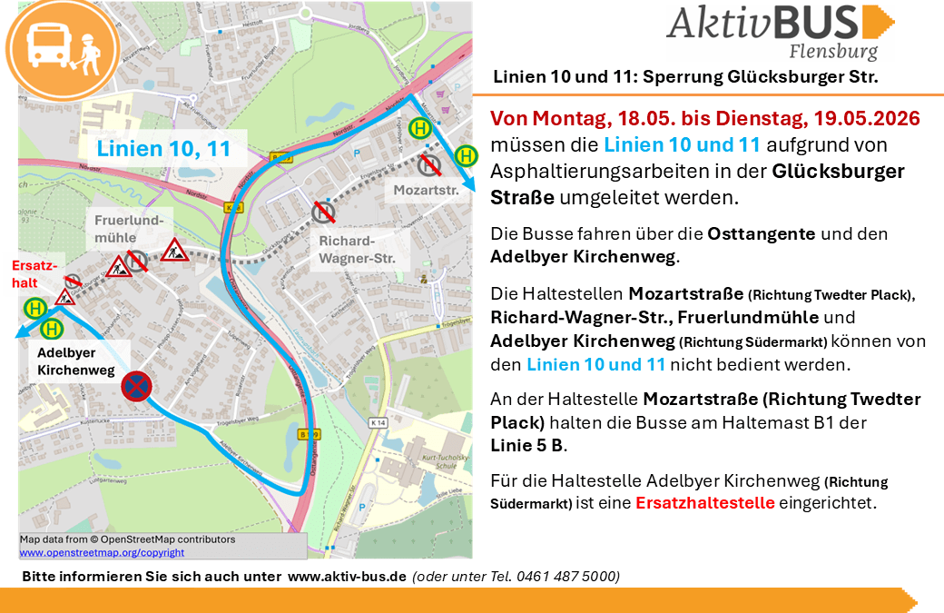 Linien 10, 11: Sperrung der Glücksburger Str. am 18.5. und 19.5.26