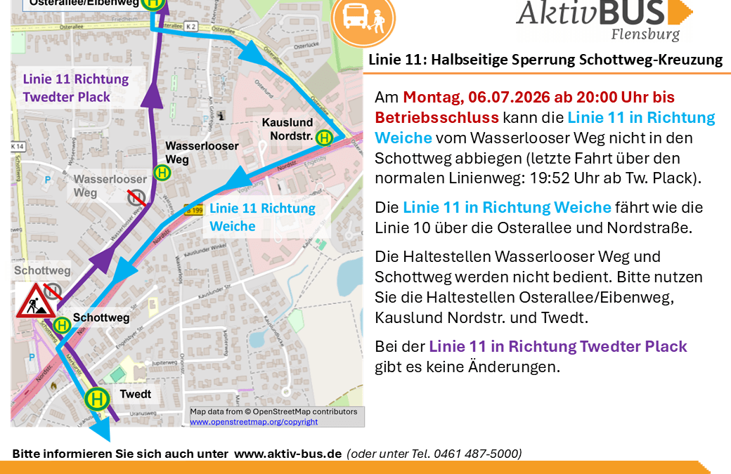 Linie 11: Sperrung Schottweg-Kreuzung am 6.7.26 ab 20 Uhr