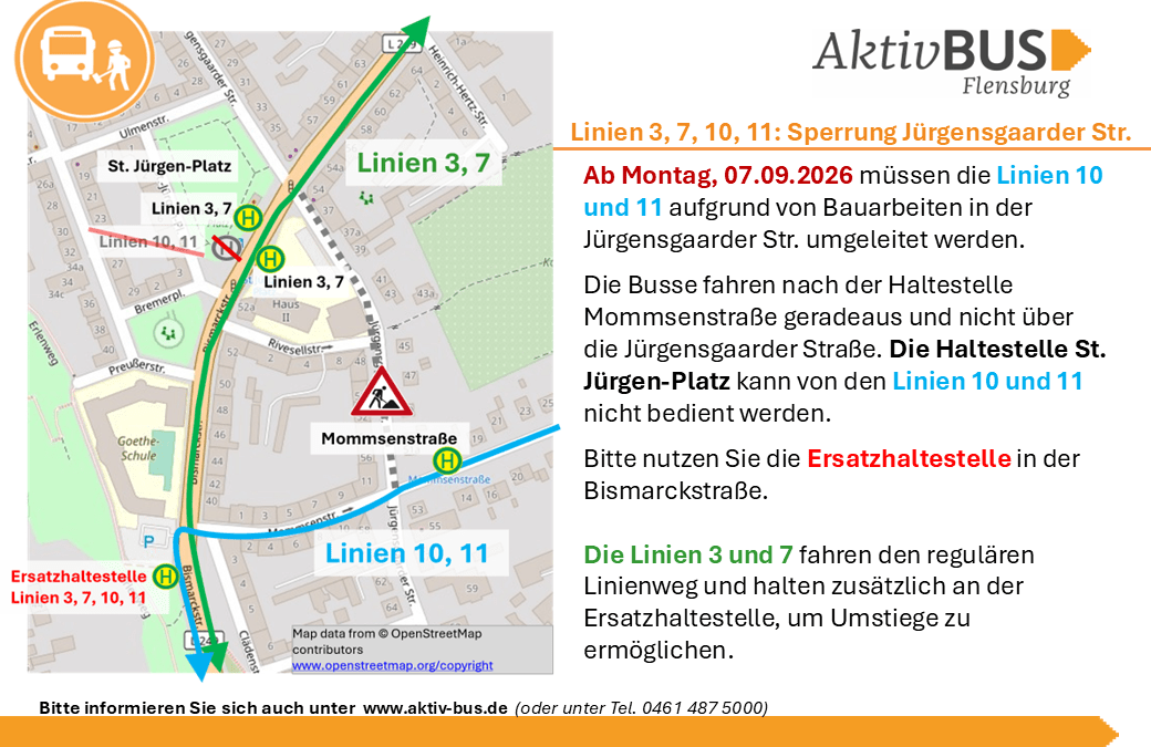 Linien 3, 7, 10, 11: Sperrung der Jürgensgaarder Str.
