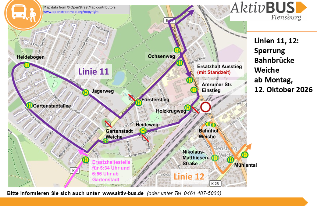 Linien 11, 12, N3: Sperrung der Bahnbrücke Weiche ab 12.10.26